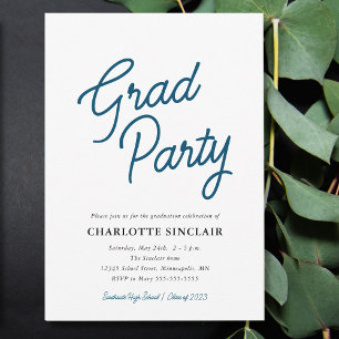 Bleu Script Simple Budget Grad Party Invitation
