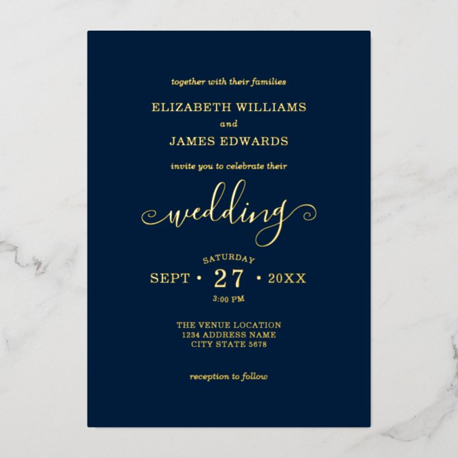 Bleu Simple Élégant Mariage Gold Foil Invitation (Recto)