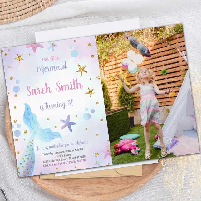 Bleu Sirène Anniversaire Invitation avec photo (Blue Mermaid Birthday Invitations with photo)