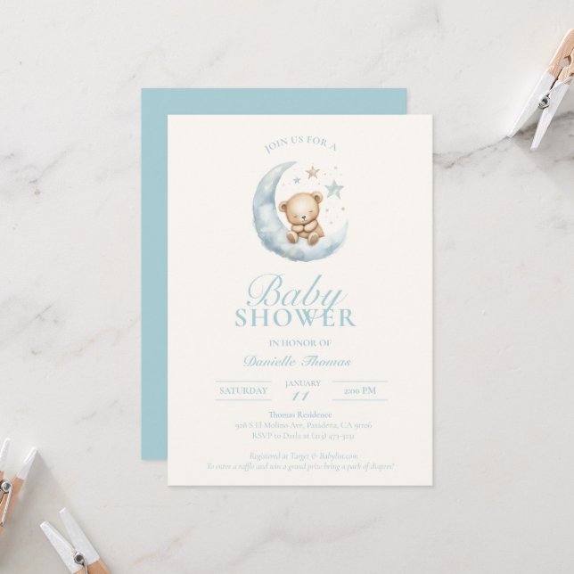Bleu Sleepy Teddy Bear Boy Baby shower Invitation (Devant/Arrière en situation)
