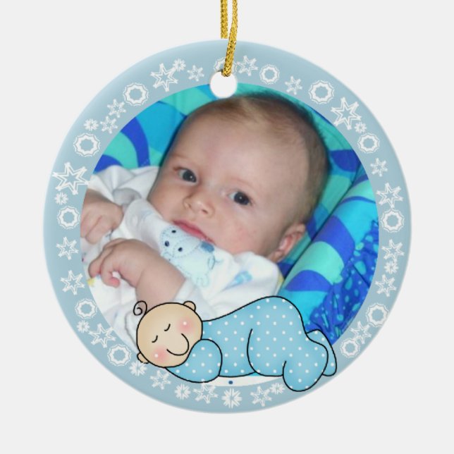 Bleu Snowflake Baby 1er Ornement de Noël (Devant)