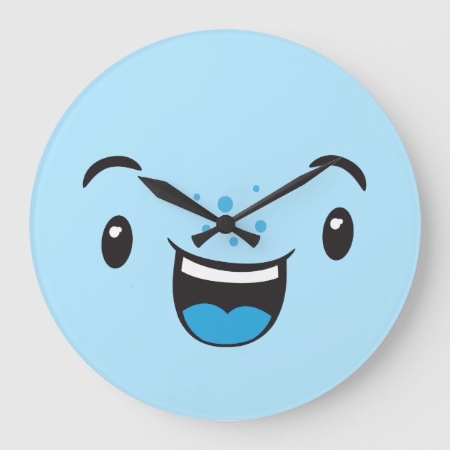 Bleu Souriant Kawaii Face Mur Horloge (Recto)