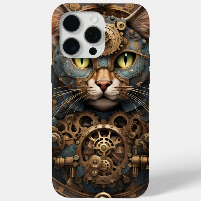 bleu steampunk cat AI art iPhone 15 Pro Max Coque (Verso)