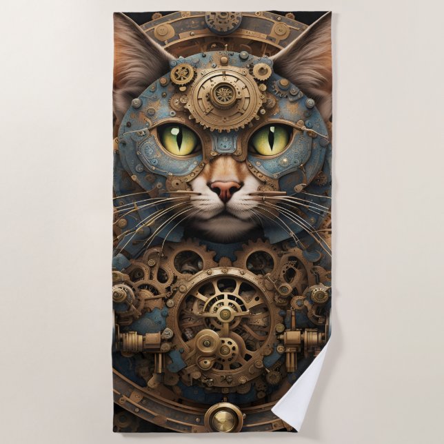 bleu steampunk cat AI art serviette de plage (Devant)