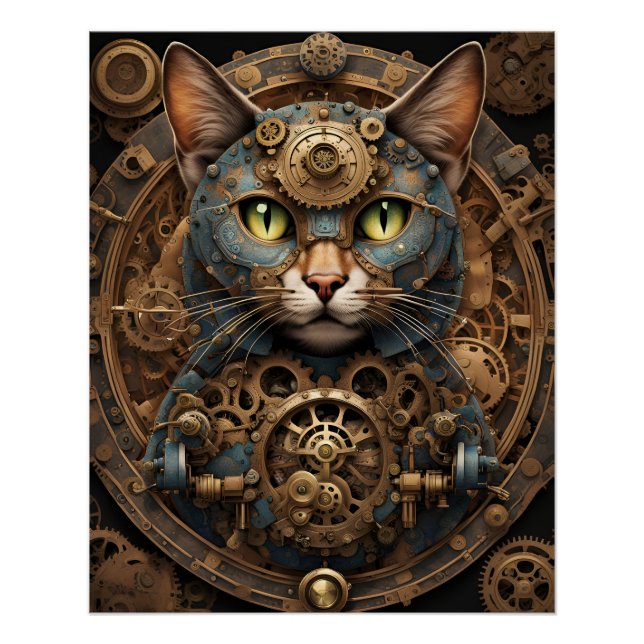 bleu steampunk chat AI affiche d'art (Devant)
