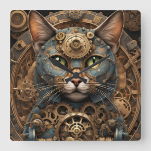 bleu steampunk chat AI art Carré Mur Horloge