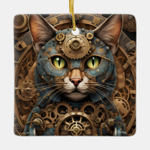 bleu steampunk chat AI ornement d'art