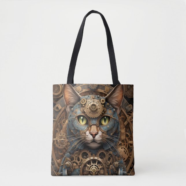 bleu steampunk chat AI sac fourre-tout d'art (Devant)