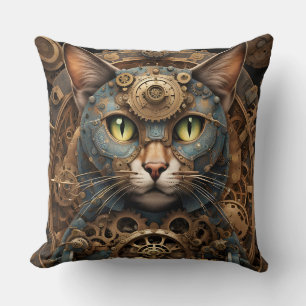 bleu steampunk chat IA art coussin