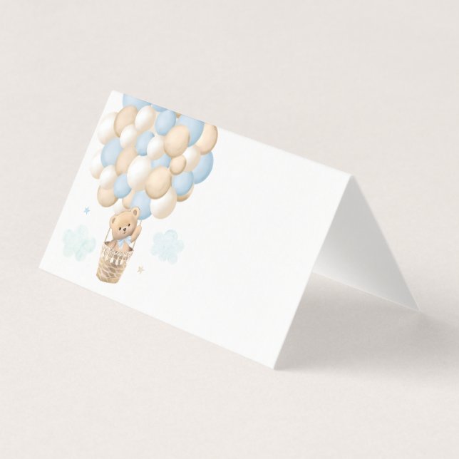 Bleu Teddy Bear Balloon Baby shower Place Cartes (Front)
