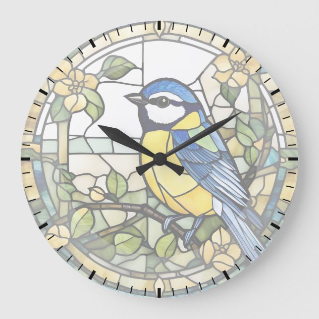 Bleu Tit Faux Vitrail Bluetit Horloge des oiseaux (Recto)