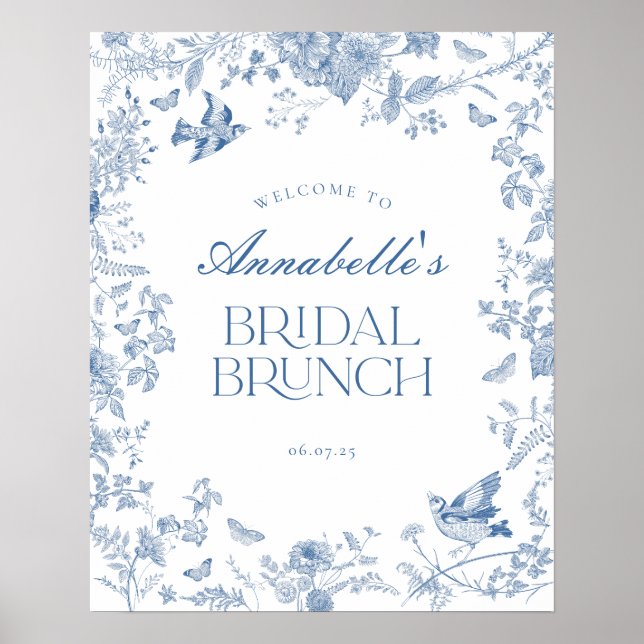 Bleu Toile Jouy Floral Bridal Brunch Affiche de bi (Devant)