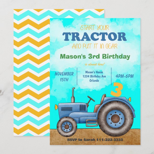 Bleu Tracteur Invitation Anniversaire (Devant / Derrière)