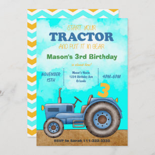 Bleu Tracteur Invitation Anniversaire