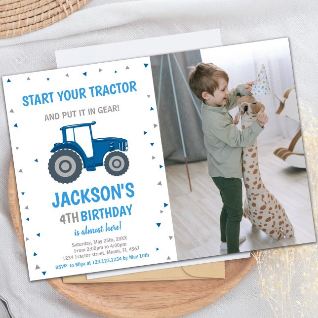 Bleu Tracteur Invitations Anniversaire avec photo (Blue Tractor Birthday Invitations with photo)