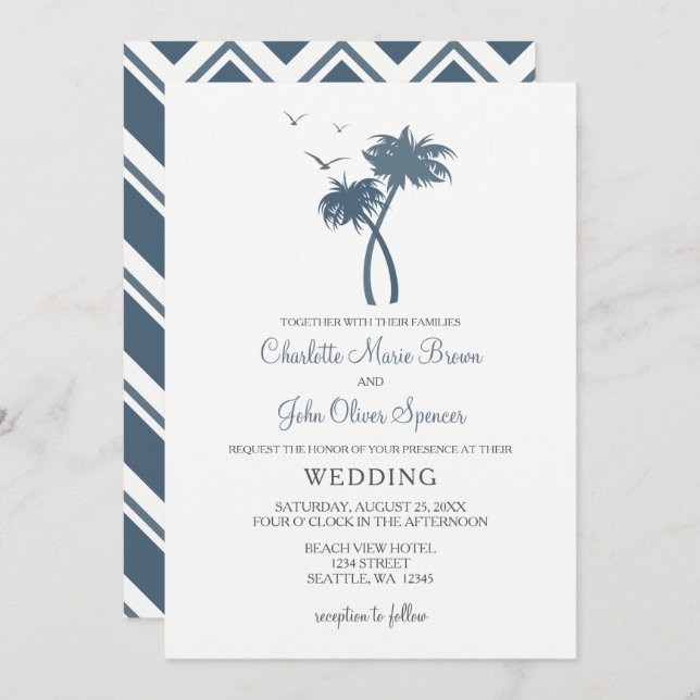 Bleu Tropical Palm Tree Mariage Invitations (Devant / Derrière)