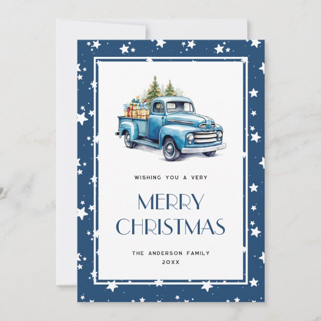 Bleu Truck Étoiles de neige Joyeuses Cartes de Noë (Devant)