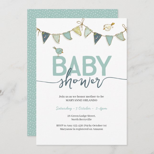 Bleu Turquoise bébé Bunting Baby shower Invitation (Devant / Derrière)