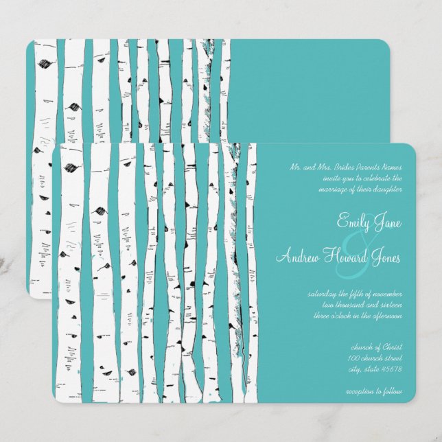 Bleu Turquoise Birch Tree Invitations de mariage (Devant / Derrière)