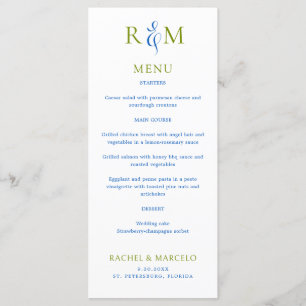 Bleu Vert clair Simple Monogramme Menu Mariage
