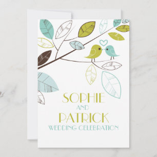 Bleu & Vert Lovebirds & Faire-part de mariage Feui
