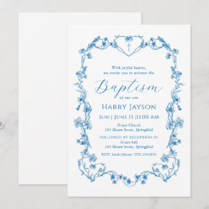 Bleu Vintage Bleu Floral Frame Baptême Invitation