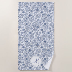 Bleu Vintage motif floral Monogram Plage serviette
