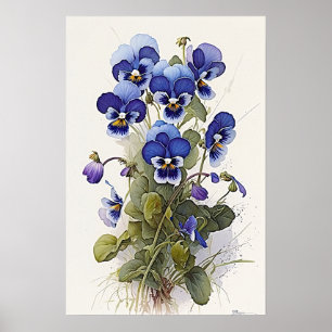 Bleu Violas Fleur Art Imprimer Poster