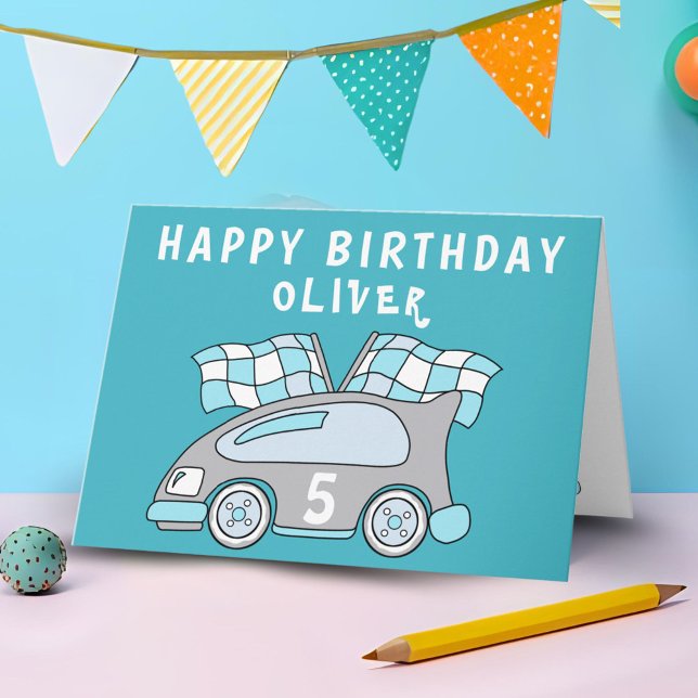 Bleu Voiture Racing Drapeau Boy Carte Anniversaire (Créateur téléchargé)