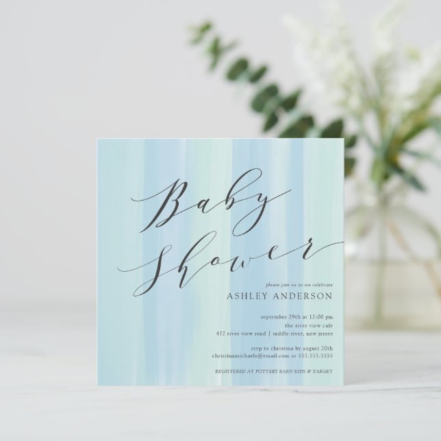 Bleu Watercolor Stripes Baby shower Invitation (Debout devant)