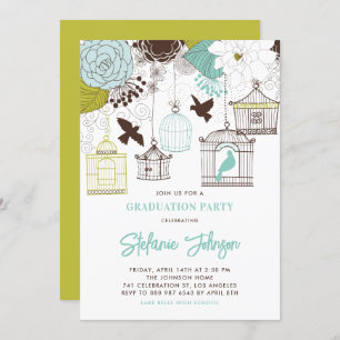 Bleu Whimsical Birdcages Graduation Invitation