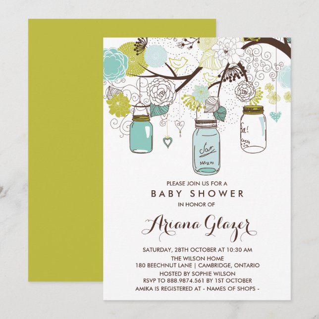 Bleu Whimsical Mason jarres Baby shower Invitation (Devant / Derrière)