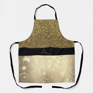 Bling Bling Gold Glitter and Black Floral Initials Apron