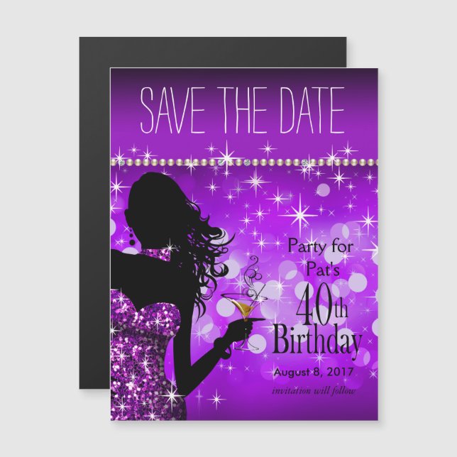 Bling Bombshell Sparkle Save the Date | purple Magnetic Invitation (Front/Back)