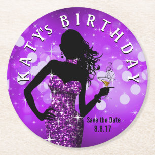 Bling Bombshell Sparkle Save the Date   purple Round Paper Coaster
