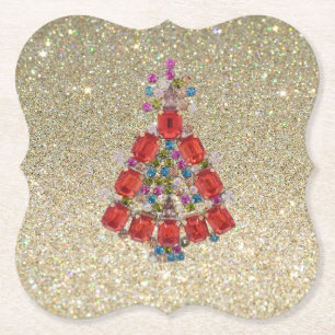Bling Christmas Red Tree Gold Glitter Paper Coaster