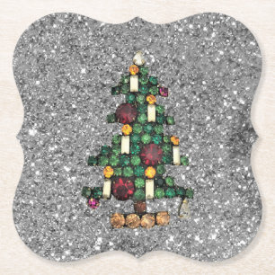 Bling Christmas Tree Silver Glitter Paper Coaster
