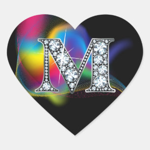 Bling diamant "M" sur Sticker Coeur arc-en-ciel