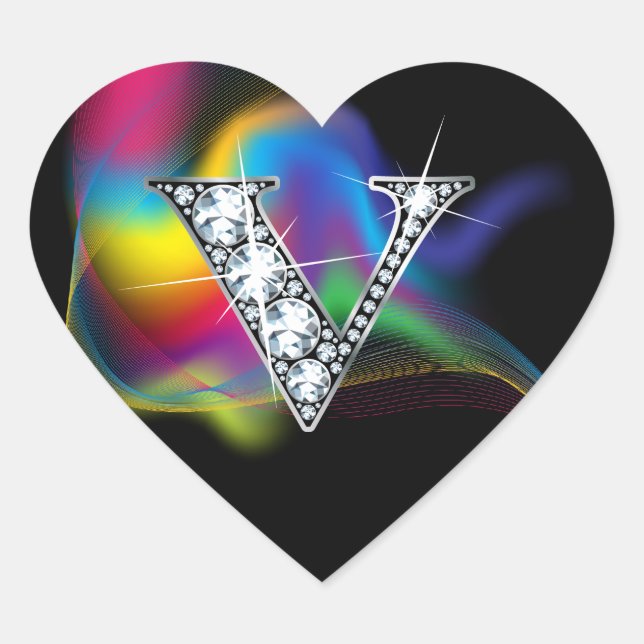 Bling diamant "V" sur Sticker Coeur arc-en-ciel (Devant)