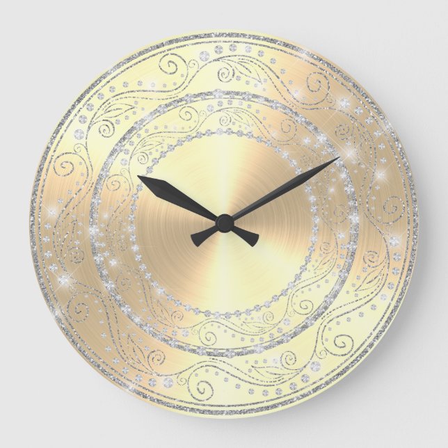 Bling Diamonds Elegant Golden Wedding Gift Large C Large Clock (Front)