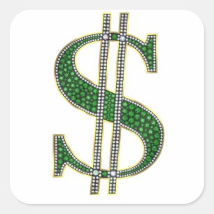 Bling Dollar Sign Diamond Emerald Gem Square Sticker