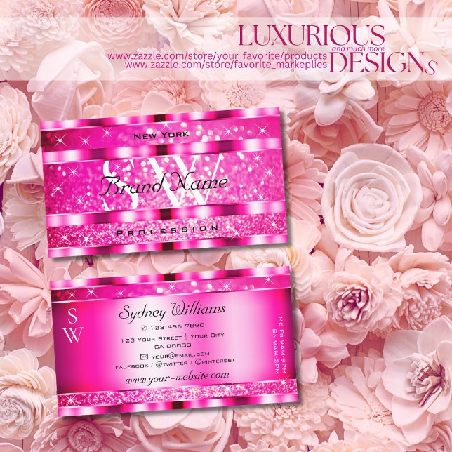 Bling Glam Girly Pink Glitter Spark Stars Monogram Business Card (Creator Uploaded)