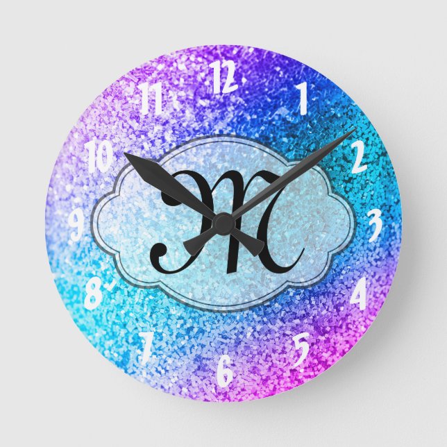 Bling Glitter Girly Monogram Initial Wall Clock (Front)