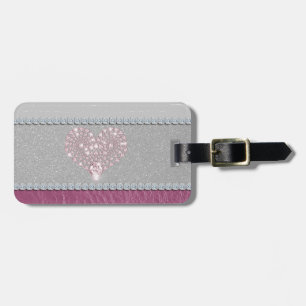 Bling Heart on Glitter white leather and pink Luggage Tag