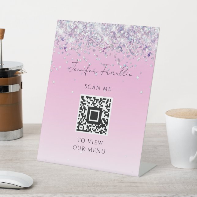 Bling Holographic Glitter Beauty Script Pink Pedestal Sign (In SItu)