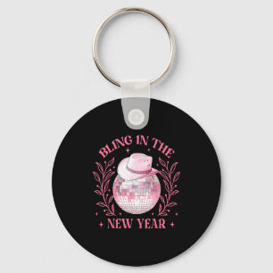 Bling-in The New Year Cowgirl Disco Ball Happy New Keychain