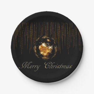 Bling Merry Christmas Black and Gold  Paper Plate