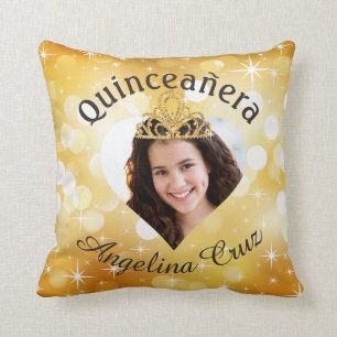 Bling Quinceanera Photo Heart Cutout Keepsake Throw Pillow