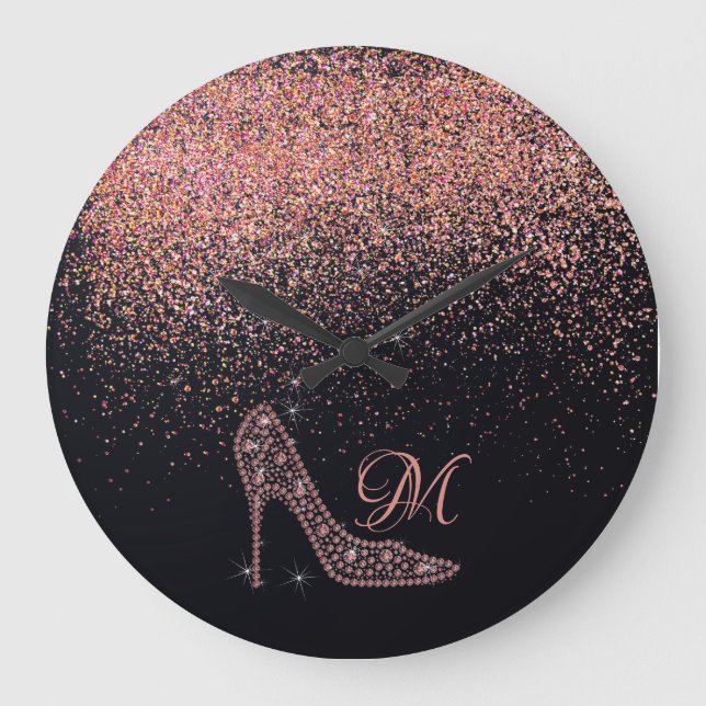 Bling Sparkle Diamond Glitter High Heels Rose Gold Large Clock (Front)