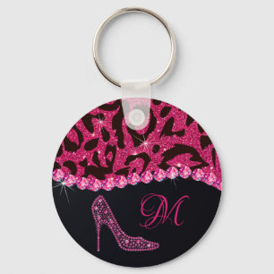 Bling Sparkle Diamond Glitter Leopard Pink Keychain